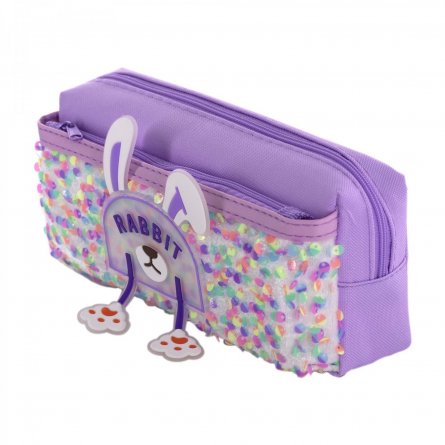 Пенал - косметичка Alingar, ПВХ, пайетки, молния, боковой карман, 90 х 200 мм, "Rabbit", фиолетовый (ушки и лапки) фото 2