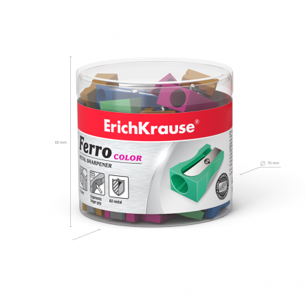 Точилка металлическая Erich Krause "Ferro Color", 1 отверстие, цвет ассорти, пластиковая банка фото 5