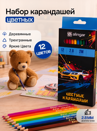 Карандаши цветные Alingar 12 цв., "Машины", деревянные, трехгранные, заточенные, грифель 2.8 мм, картон. уп., европодвес фото 4