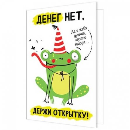 Открытка двойная "Денег нет, держи открытку" 194*251 мм, Мир открыток, картон, веселая лягушка фото 1