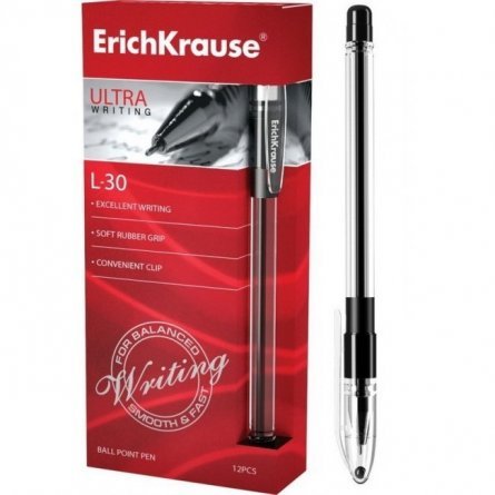 Ручка шариковая Erich Krause "Ultra L-30", 0,6 мм, черная, металлизированный наконечник, резиновый грип,  круглый, прозрачный, пластиковый корпус фото 1