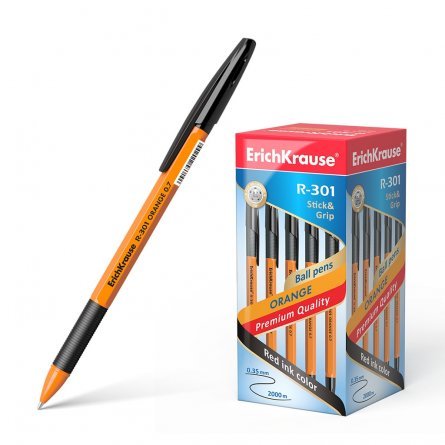 Ручка шариковая Erich Krause"R-301 Orange Stick&Grip", 0,7 мм, черная, шестигранный, оранжевый, пластиковый корпус, картонная упаковка фото 1