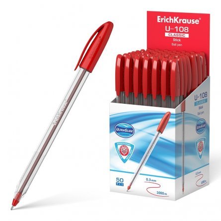 Ручка шариковая Erich Krause,"U-108 Classic Stick", 1,0 мм, красная, игольчатый наконечник, круглый цветной пластиковый корпус фото 1