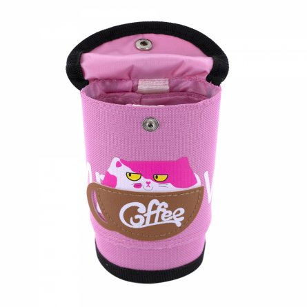 Пенал - тубус складной, Alingar, ПВХ, кнопка, 100 х 120 мм ( 100 х 195 мм), "Coffee cat", розовый фото 3