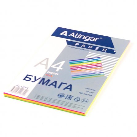 Бумага цветная для офиса А4, 100л., Неон "Mix", Alingar, 70г/м2, пленка т/у фото 3