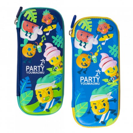 Пенал EVA Alingar, 1 отделение 1 откидная планка, карман сетка, молния, объемный рисунок, 95 х 220 мм, "Сrazy fruit", синий (фрукты) фото 1