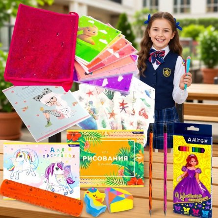 Набор канцелярии для девочки Alingar, "Pink", 35 предметов, папка с пайетками на молнии, т/у пленка фото 3