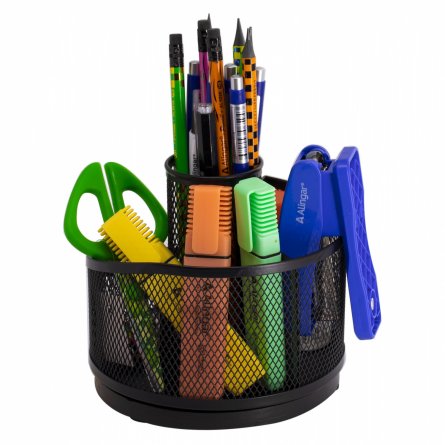 Подставка-органайзер д/канцтоваров, Alingar, металлическая,  14,2*14*13,6 см, 4 отделения, черная, вращается фото 1