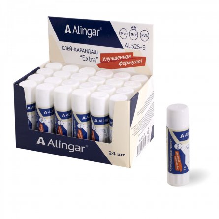 Клей-карандаш Alingar, 9 гр, "Extra", на основе PVA, пластиковый тюбик, 24 шт/уп, картонный шоу-бокс фото 2