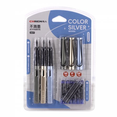 Набор перьевых ручек с картриджем Alingar, толщина пера M, F, EF, 3 ручки, 8 картриджей (6 син + 2 черн), цвет корпуса хаки, золотой, голубой фото 1