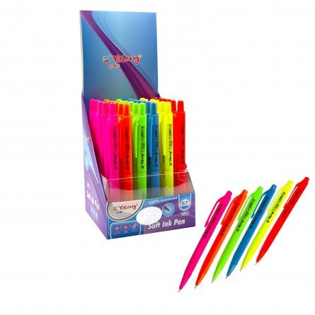 Ручка шариковая, автоматическая Yalong "Неон", 0,7 мм, синяя, грип, трехгранный, цветной, пластиковый корпус, картонная упаковка фото 1
