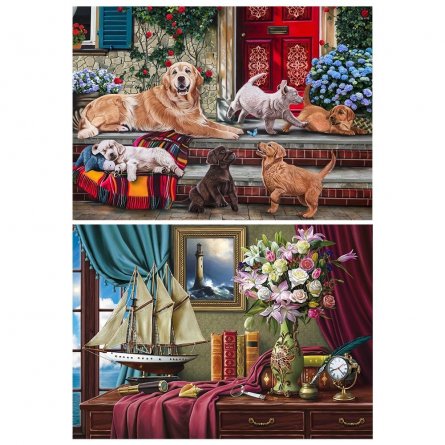 Алмазная мозаика Рыжий кот, двусторонняя (блест.), 30х40 см, "Семья ретриверов. Натюрморт с парусником" фото 1