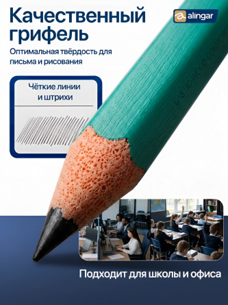 Карандаш ч/г Alingar HB, пластик, эластичный, без ластика, шестигранный, заточенный, цвет корпуса бирюзовый, 12 шт/уп фото 5