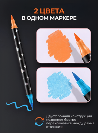 Маркеры двусторонние с блестками, ZOOMI, 36 шт/72 цвета, наконечник кисть, на водной основе, корпус круглый, ПВХ пенал с ручкой фото 3