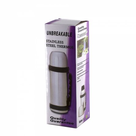 Термос Alingar, объем 1,1 л., серый, высота 29 см, диаметр 9 см, корпус металл, пластиковая ручка, ремешок, картонная упаковка фото 4