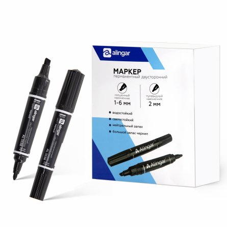 Маркер двухсторонний, перманентный, Alingar, черный, скошенный/пулевидный, 1-6 мм/2 мм, на спирт. основе, (12 шт/уп), картонная упаковка фото 1