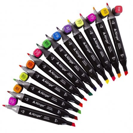 Набор двухсторонних скетчмаркеров Alingar,12 цветов, основные+флюоресцентные, пулевидный/клиновидный 1-6 мм, спиртовая основа, ПВХ упаковка фото 4