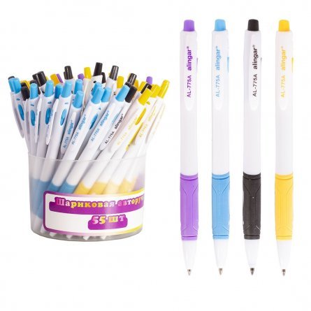 Ручка шариковая  автоматическая Alingar, 0,7 мм, синяя - 40 шт, черная -15 шт, резиновый грип, круглый, белый, пластиковый корпус,55 шт упаковка фото 1