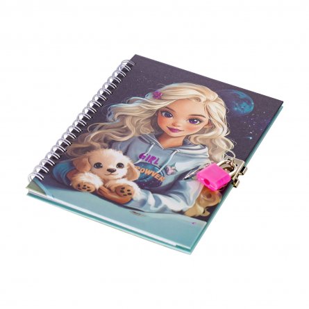 Подарочный блокнот Alingar, 12,8*17,8 см.,"Девушка и щенок", 45 л., клетка,спираль, замочек фото 2
