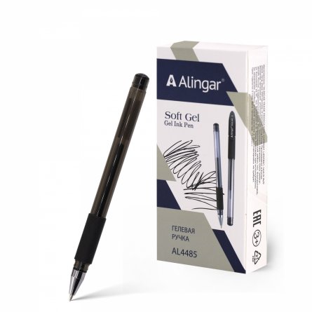 Ручка гелевая Alingar, "SOFT GEL", 0,6 мм, черная, пулевидный наконечник, резиновый грип, круглый прозрач.пластик. корпус, 12 шт/уп, карт. уп фото 1