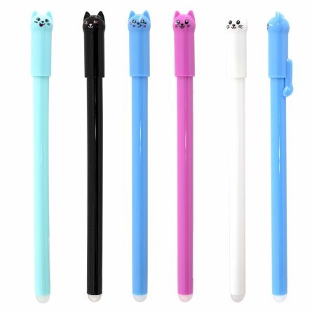 Ручка гелевая пиши-стирай Yalong Котята-колпачки 0,5 мм, синяя, игольчатый наконечник, круглый цветной пластиковый корпус 12 шт в пласт уп фото 2