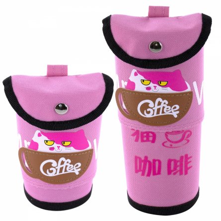 Пенал - тубус складной, Alingar, ПВХ, кнопка, 100 х 120 мм ( 100 х 195 мм), "Coffee cat", розовый фото 1