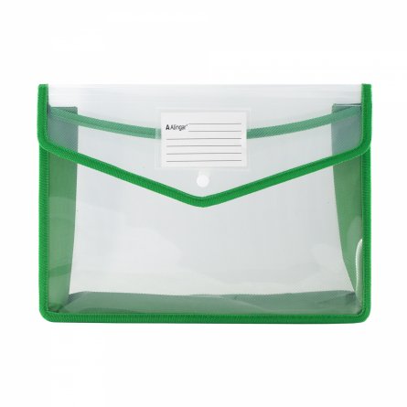 Папка-конверт на кнопке Alingar, A4, 250х330х75 мм, 450 мкм, горизонтальная, карман для визитки, зеленый цвет, прозрачная фото 1