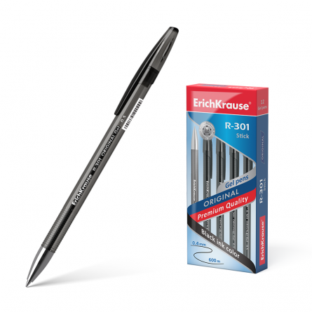 Ручка гелевая Erich Krause R-301"Original Gel Stick", 0,5 мм, черная, металл/ наконечник, шестигранный, тонированный, пластиковый корпус, в уп. 12 шт. фото 1