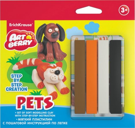 Пластилин Erich Krause, 4 цвета, без стека, мягкий, блистер, "Сreation ArtBerry Step-by-step Pets" фото 1