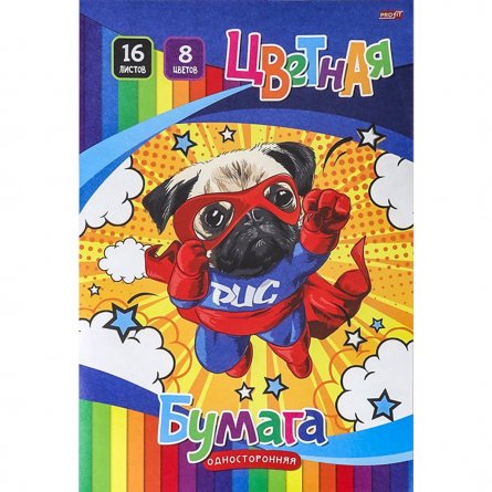 Бумага цветная Проф-Пресс, 166х240 мм, немелованная, односторонняя, 16 листов, 8 цветов, на скрепке, "Супермопс" фото 1