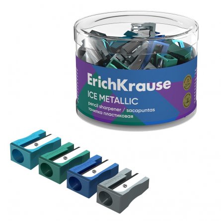 Точилка пластиковая Erich Krause "EasySharp, Ice Metallic", 1 отверстие, фигурная, цвет ассорти, в тубусе 60 шт фото 1