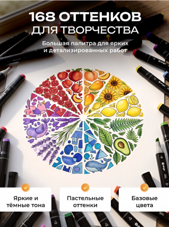 Набор скетчмаркеров DUO Alingar, 168 цветов, пулевид/клиновид. 1-6 мм, спирт. основа, ПВХ сумка-чехол, ремень для переноски фото 4