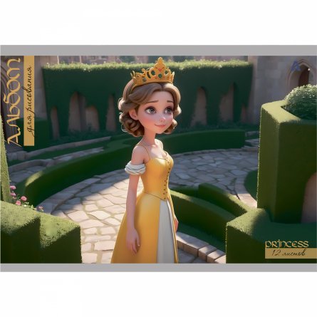 Альбом для рисования А4 12л., Alingar, на скрепке, мелованный картон (стандарт), 100 г/м2, "Принцесса у замка", 4 дизайна в пленке т/у фото 4