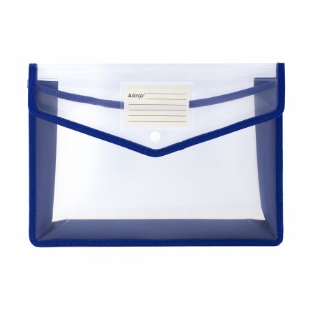 Папка-конверт на кнопке Alingar, A4, 250х330х75 мм, 450 мкм, горизонтальная, карман для визитки, синий цвет, прозрачная фото 1