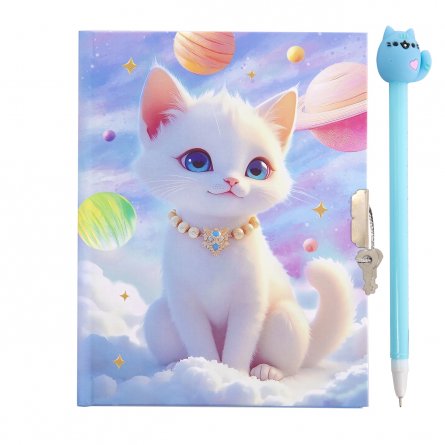 Подарочный блокнот в футляре с замком Alingar, "Кошечка"18 см * 22 см.,48 л.,клетка,синяя ручка в комплекте,голубой цвет фото 2