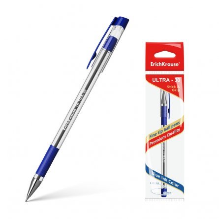 Ручка шариковая Erich Krause"Ultra-30", 0.7 мм, синий, игольч. након., пластик. корпус, резиновый грип, пакет фото 1