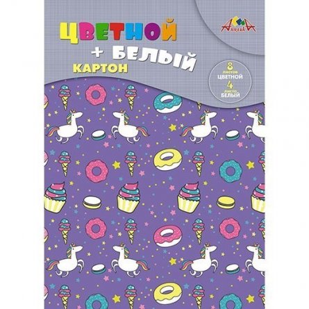 Набор цветного и белого картона Апплика, А4, 12 листов, 9 цветов, мелованный, на гребне, "Белые единороги" фото 1