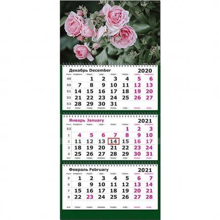 Календарь настенный квартальный трехблочный, гребень, ригель, 310 мм * 690 мм, Квадра "Розы" 2021 г. фото 1