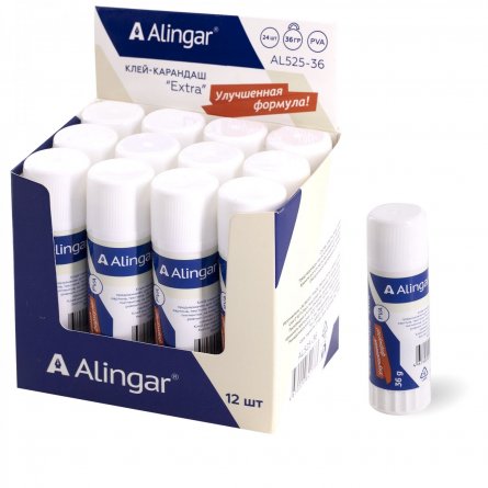 Клей-карандаш Alingar, 36 гр, "Extra", на основе PVA, пластиковый тюбик, 12 шт/уп, картонный шоу-бокс фото 2