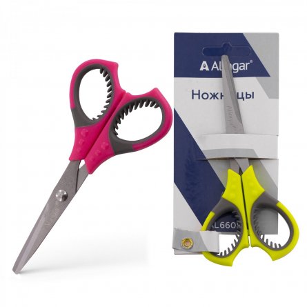 Ножницы канцелярские, Alingar, 14 см., пластиковые ручки, прорезиненная вставка, закругленные концы, ассорти (голубой, розовый, зеленый), европодвес фото 1