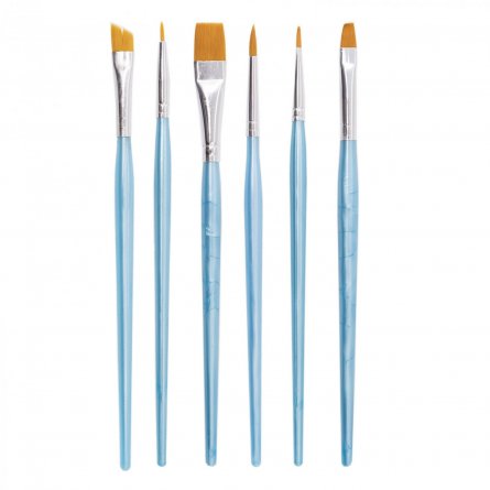 Набор кистей Yalong, 6 шт, нейлон, плоские №2, №6, №8, №14, круглые №2, №4, пластиковая ручка, блистер, голубые, европодвес. фото 1