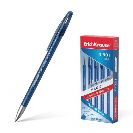 Ручка гелевая Erich Krause "R-301 Magic Gel", 0,5 мм, синяя, стираем. черн.,профилир.грип, прозрач. тонир. круглый корпус с блестками, картон.уп, 12шт фото 1