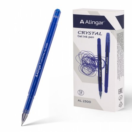 Ручка гелевая Alingar, "Cristal", 0,5 мм, синяя, игольчатый наконечник, круглый, пластиковый корпус, 12 шт/уп, картон. упаковка фото 1