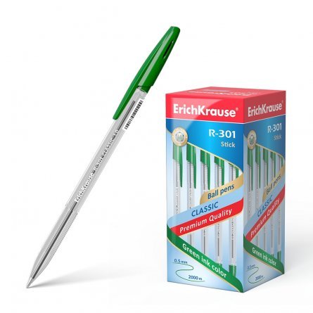 Ручка шариковая Erich Krause "R-301 Classic Stick", 1.0 мм, зеленый, шестигранный, цветной, пластиковый корпус, картонная упаковка фото 1
