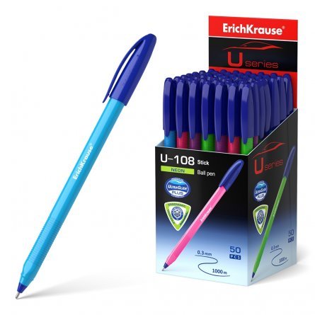 Ручка шариковая Erich Krause"U-108 Neon Stick Ultra Glide Technology", 1.0 мм, синий,игольч. након., пластик. корпус, грип, картонная упаковка фото 1