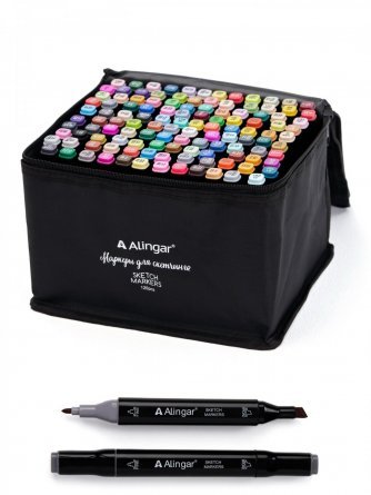 Набор двухсторонних скетчмаркеров Alingar,120 цветов, пулевидный/клиновидный 1-6 мм, спиртовая основа, сумка-чехол  с ПВХ каркас-ячейками фото 1