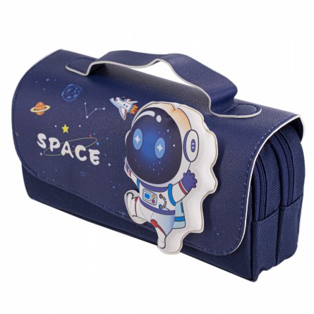 Пенал - косметичка Alingar, ПВХ/ткань, молния, 2 отделения, боковой карман, липучка, ручка, 190 х 80 х 50 мм, "SPACE", синий, космонавт, европодвес фото 2