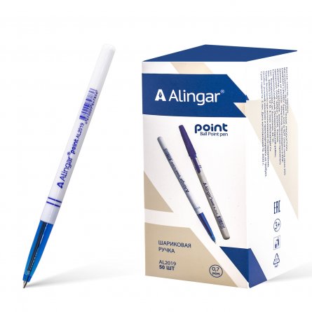 Ручка шариковая Alingar, "Point", 0,7 мм, синяя, пулевид. наконечник, круглый белый пластиковый корпус, (50 шт/уп), картон. упаковка фото 1