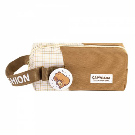 Пенал - косметичка Alingar, ткань, молния, значок, петля, 190 х 70 х 60 мм, "Capybara. Have a good idea", микс (коричн, беж, св-корич), европодвес фото 3