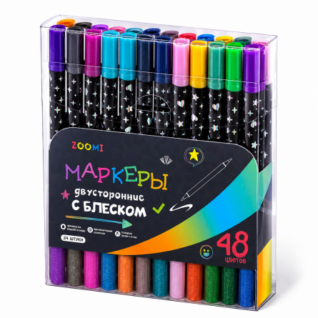 Маркеры двусторонние с блестками, ZOOMI, 24 шт/48 цветов, наконечник кисть, на водной основе, корпус круглый, ПВХ пенал, европодвес фото 1